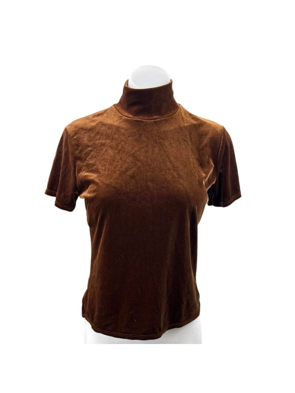 Azzura Brown Velvet Velour Short Sleeve Turtlenec Blouse T Shirt Tee Top Size M
